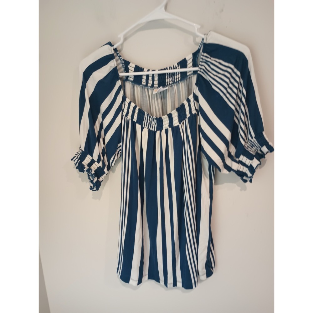 LuLaRoe Womens L Rayon Blouse Blue White Striped Smocked Short Sleeve Nautical